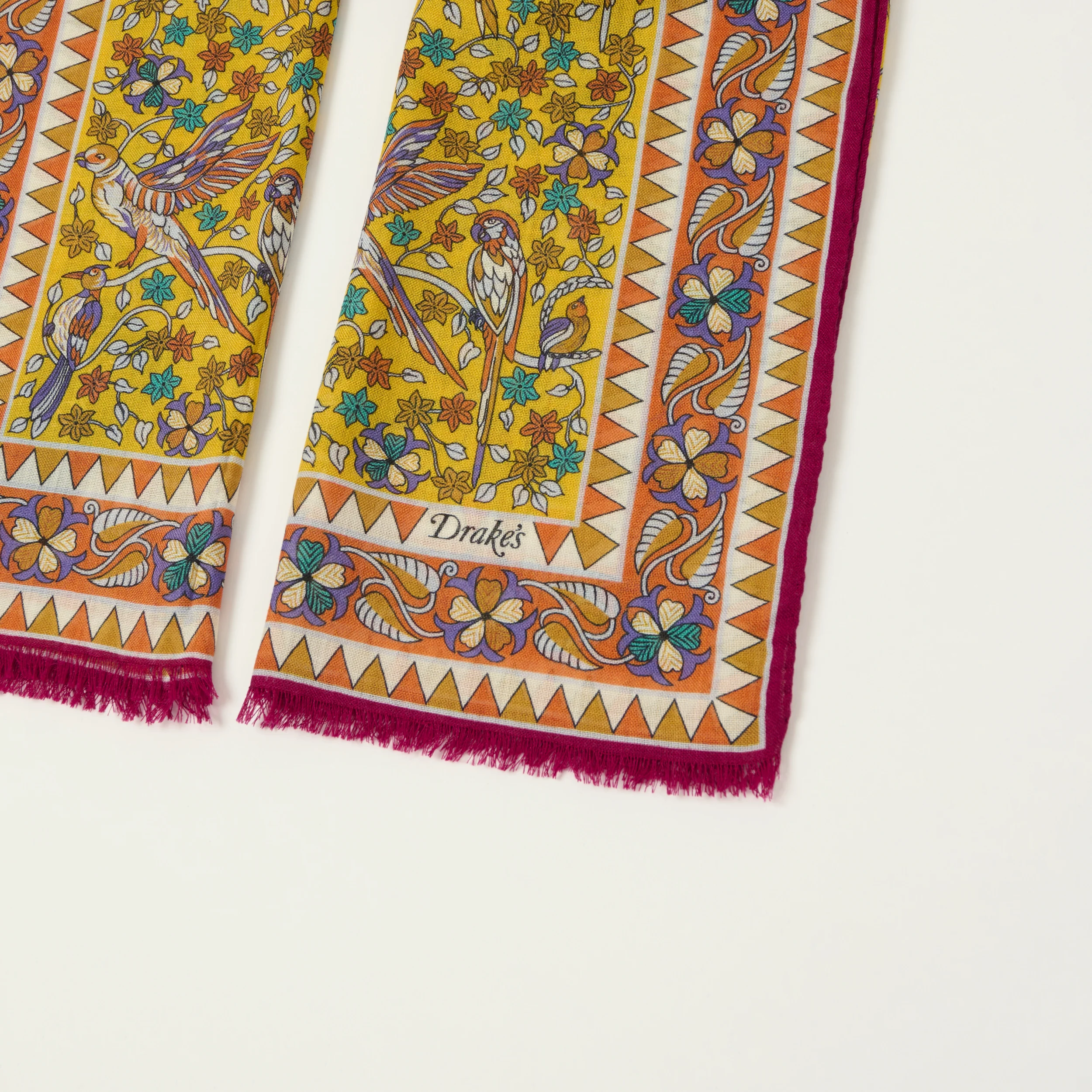 Drake's 'Birds and Flowers' Wool/Silk Scarf - Yellow - Image 2